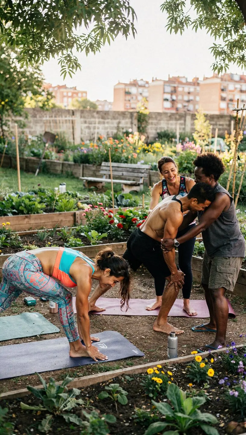 Grupo de practicantes de yoga en una clase, sincronizando sus respiraciones mientras realizan una secuencia de asanas.