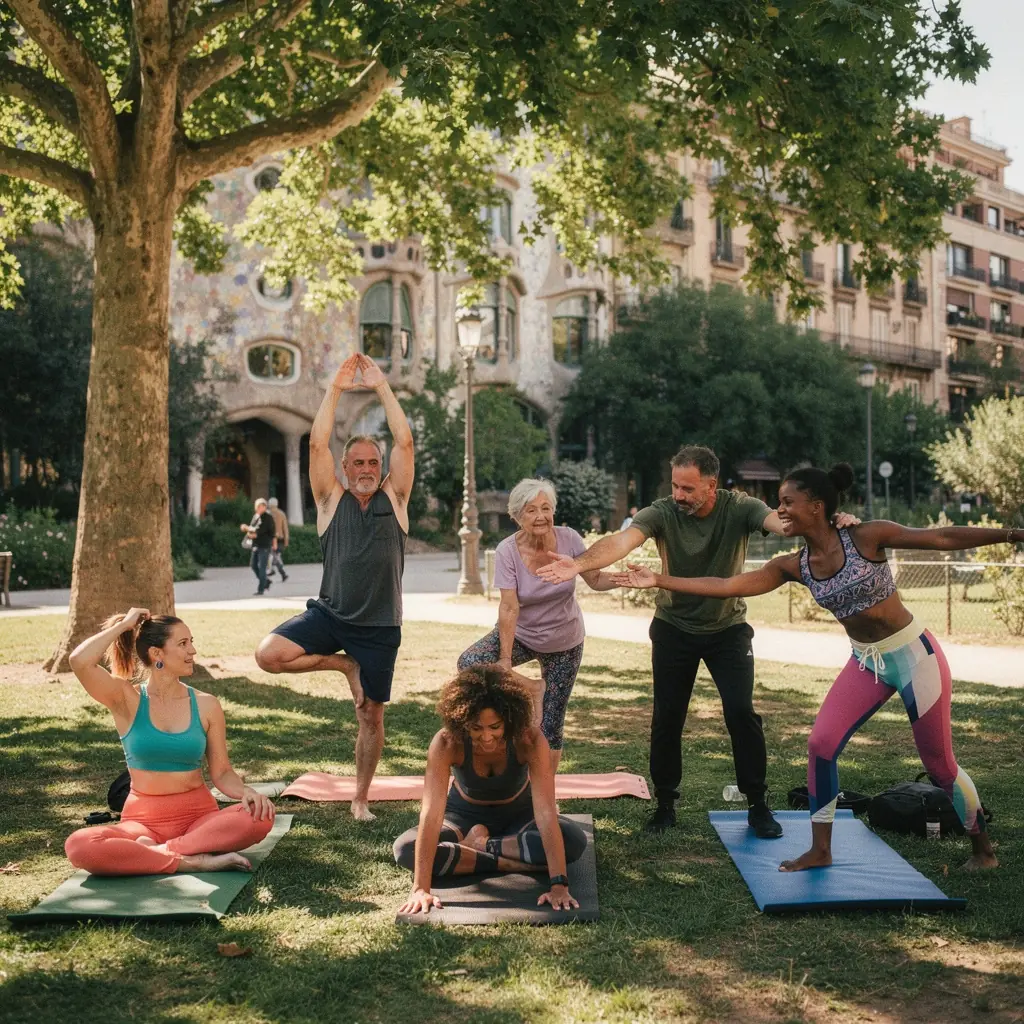 Grupo de practicantes de yoga en una clase, sincronizando sus respiraciones mientras realizan una secuencia de asanas.