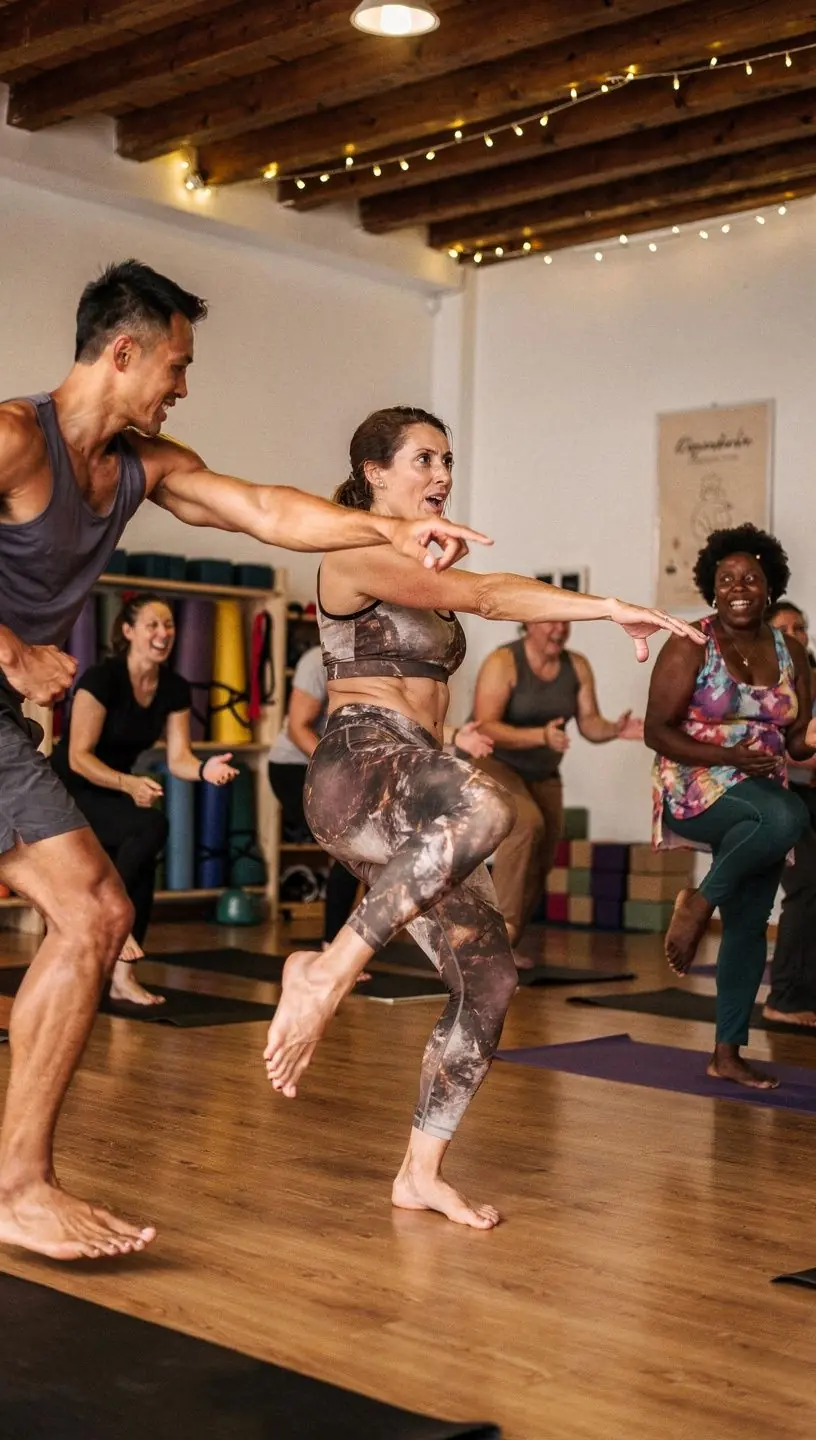 Grupo de practicantes de yoga en una clase, sincronizando sus respiraciones mientras realizan una secuencia de asanas.