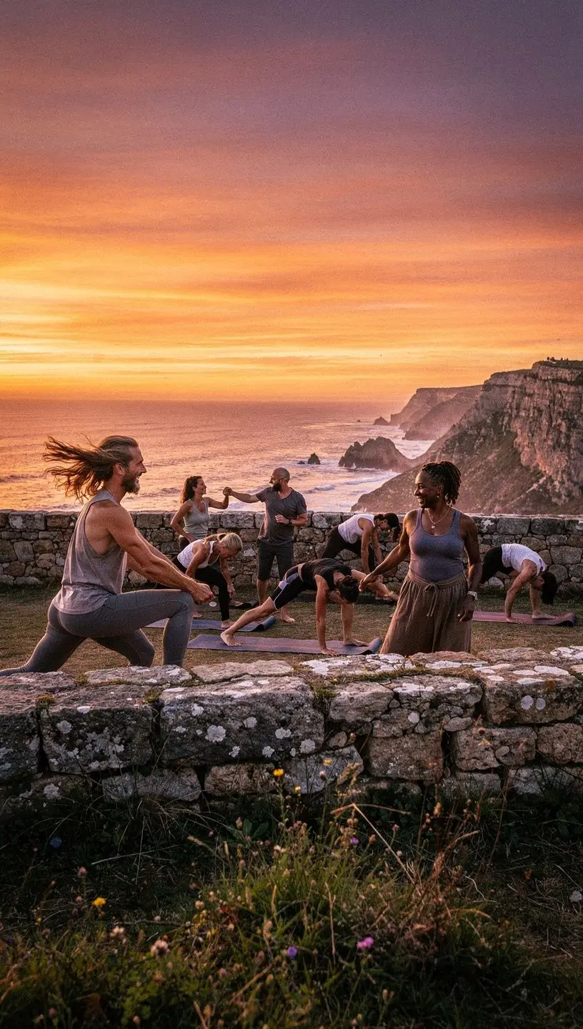 Grupo de practicantes de yoga en una clase, sincronizando sus respiraciones mientras realizan una secuencia de asanas.