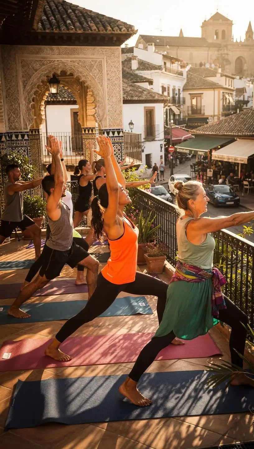 Grupo de practicantes de yoga en una clase, sincronizando sus respiraciones mientras realizan una secuencia de asanas.