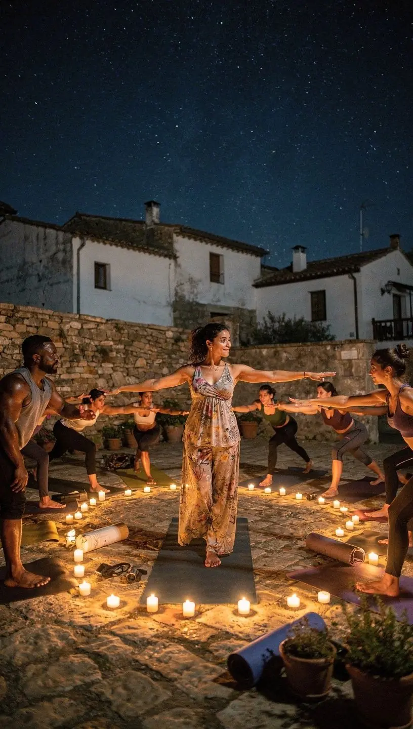 Grupo de practicantes de yoga en una clase, sincronizando sus respiraciones mientras realizan una secuencia de asanas.