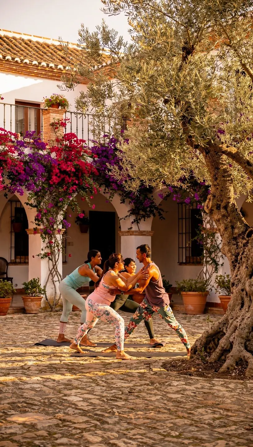 Una persona realizando una postura de yoga de pie, conectando la respiración con el movimiento fluido.