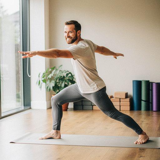Hombres y mujeres practicando yoga en un estudio iluminado, rodeados de plantas.